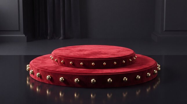 Red velvet podium with golden spheres platform gold stage pedestal luxury.