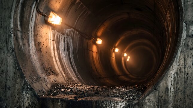 Dark underground concrete ventilation shaft or subway tunnel illuminated by warm industrial wall lights