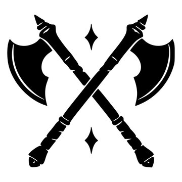 Two crossed gothic battle axes with double blades, black silhouette vector icon for dark medieval warrior, Viking, knight, barbarian weapon, heraldry, tattoo, emblem and logo designs.