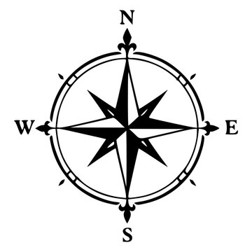 Gothic compass rose with cardinal directions north south east west, black silhouette vector icon for dark navigation, nautical travel, adventure, explorer, tattoo and emblem designs.