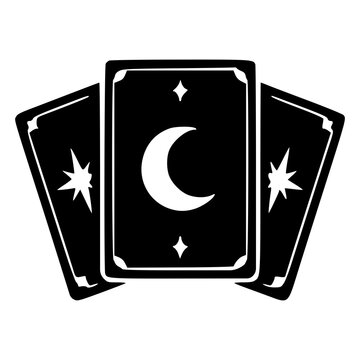 Fanned gothic tarot cards with a crescent moon on top card, black silhouette vector icon for dark fortune telling, divination, oracle deck, psychic magic, occult and tattoo designs.