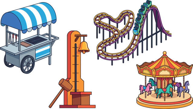 Amusement park attraction icon set featuring carnival food cart roller coaster tower ride and colorful carousel entertainment illustrations