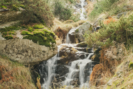 Arroyo de aguas fr&iacute;as que nace en la monta&ntilde;a y fluye entre rocas en oto&ntilde;o. Sierra de Guadarrama, arroyo del Reajo Bajo en San Mam&eacute;s, Madrid, Espa&ntilde;a.