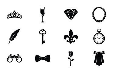 12 Royal Objects linear icon set crown champagne glass diamond necklace feather key fleur de lis pocket watch binoculars bow tie rose scarf UI and web interface design © Bundleprohub
