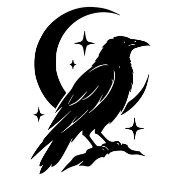 Gothic raven crow perched under a crescent moon with sparkling stars, black silhouette vector icon for dark mystical night, Poe nevermore, omen, Halloween, tattoo and sticker designs.