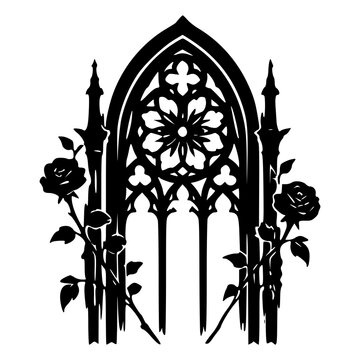 Gothic arched window frame overgrown with climbing roses and vines, black silhouette vector icon for dark cathedral architecture, romantic floral, tattoo, sticker and print designs.