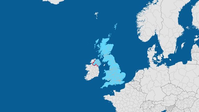 Map of the united kingdom and northern ireland highlighted in blue with a small red section on a world map background