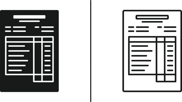 Black and white vector illustration of a document page with lines and a frame isolated on transparent background