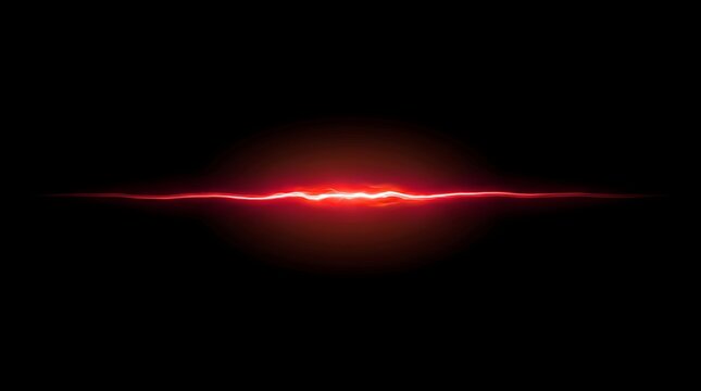 Horizontal bright red laser light line flare on solid black background with light beam red glow abstract fla