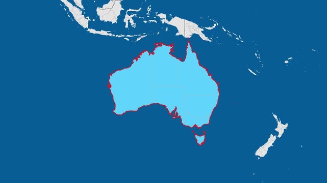 Map of australia highlighting the coastal regions in red against a blue ocean background