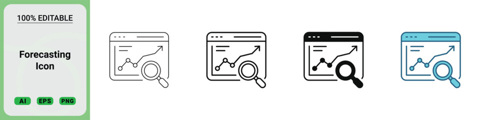 Obraz premium Forecasting icon set featuring a browser window with a data trend line graph and a magnifying glass for analysis