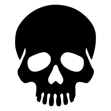 Gothic human skull with deep eye sockets and grinning teeth, black silhouette vector icon for dark death, danger, pirate, rock, metal, biker, Halloween, tattoo and emblem designs.