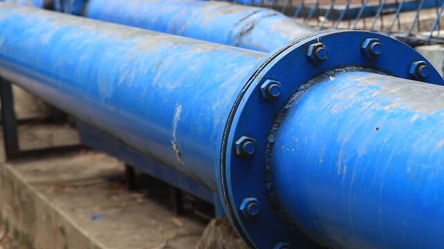 Industrial blue steel water pipeline with bolted flange connection for city utility infrastructure and resource distribution management system