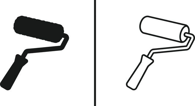 Paint roller illustrations in black and white line art showing different views isolated on transparent background