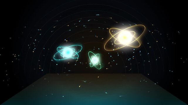 Glowing atomic particles with orbital rings, futuristic scientific energy animation, vibrant neon subatomic molecules in dark space