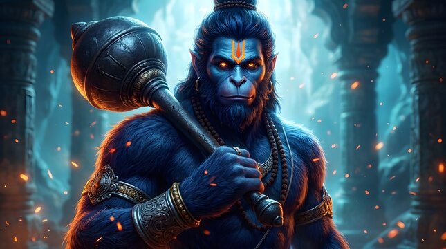 Mythical blue deity holding a mace in a mystical temple setting
