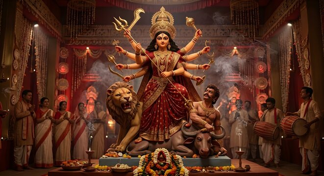 Goddess Durga and Mahishasura Traditional Puja Idol