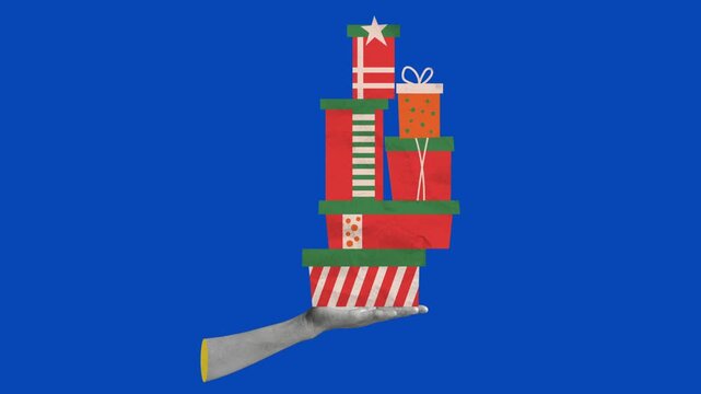 collage art of Hand holding and stacking Christmas gift boxes animation on blue screen, contemporary art motion 4K