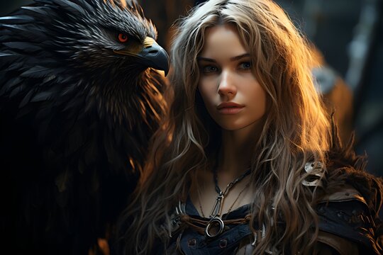 woman with long hair standing beside a large black eagle