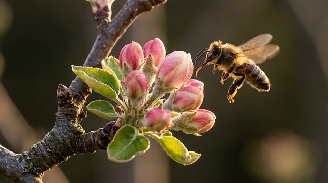 Honey bee flying towards fresh pink apple tree flower buds in spring orchard with natural warm morning sunlight