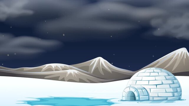 Winter landscape animation with igloo house and colorful fireworks celebrating over snowy mountains at night.