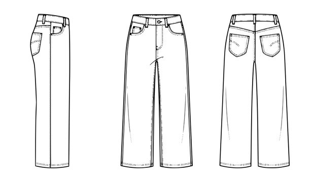 High Waist Wide Leg Utility Pocket Denim Jeans Technical Fashion CAD Vector