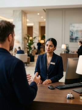 Professional hotel receptionist greeting a business guest at the luxury front desk lobby