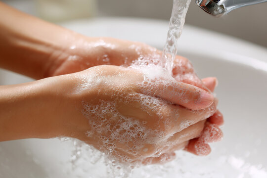 Close-up of hands washing under running water in a bathroom sink, with hand soap for skin care and a greasy mess concept.
