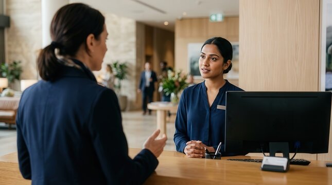 Professional Female Receptionist Assisting a Guest at Modern Hotel Front Desk