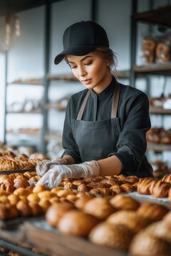 Female employee in uniform cleaning glass display case at bakery, working hard to keep the store clean and neat.