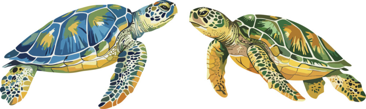 Two Sea Turtle Illustrations Swimming Side by Side
