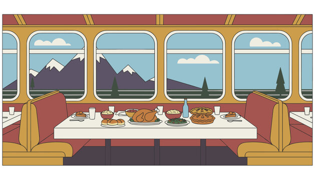 Cozy dining booth inside a passenger train carriage offers a scenic view of snowy mountains while serving a full festive feast dinner.