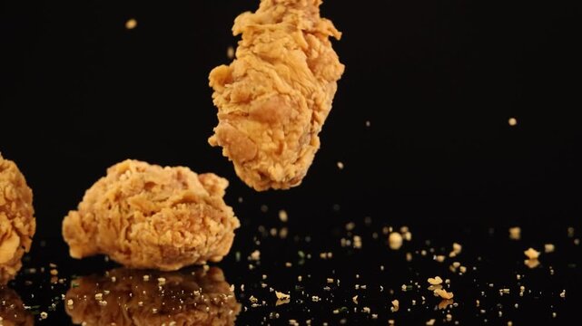 Crispy fried chicken wings falling and scattering crumbs on black reflective surface slow motion.