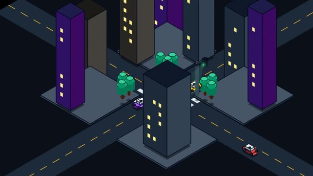 Isometric night city intersection with car traffic animation
