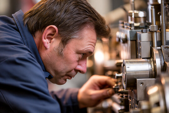 A man in a blue work uniform intently focused on machinery.