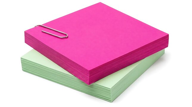 Bright pink and light green square paper notes stacked together with a metal paperclip on top isolated on white background