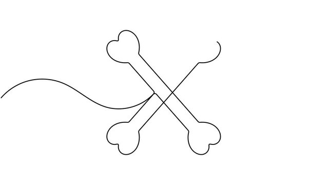Two crossed dog bone icon sign continuous one line drawing moving on white background minimalist single art parts of animal body for template and play toy concept symbol animation video