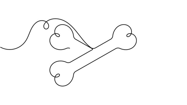 Two crossed dog bone icon sign continuous one line drawing moving on white background minimalist single art parts of animal body for template and play toy concept symbol animation video
