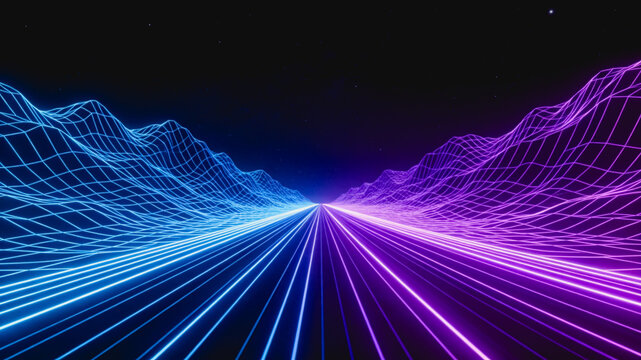 A 3D rendered abstract digital landscape featuring glowing blue and purple neon grid lines receding into a dark starry space, creating a futuristic perspective.