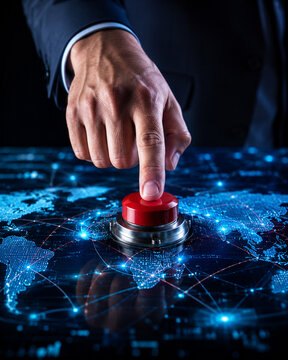 Businessman hand button world map network digital technology cybersecurity global connection pressing red emergency button over digital world map with blue network light, concept for alert