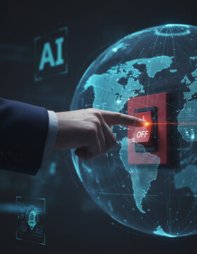 Artificial intelligence business technology hand globe switch cybersecurity network digital innovation concept with finger pressing off button on virtual world map interface