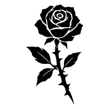 Large blooming gothic rose with sharp thorns and layered petals on a stem, black silhouette vector icon for dark romantic tattoo, love, Valentine, floral sticker and print designs.