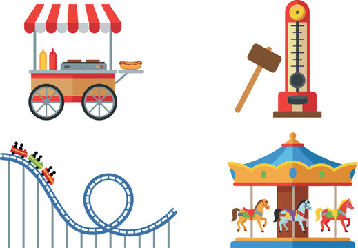 Amusement park attraction set featuring carnival food cart strength hammer game roller coaster and colorful carousel ride illustrations