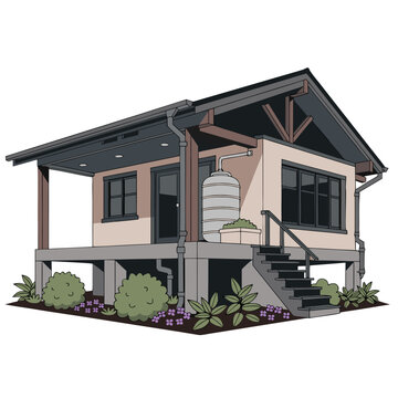 Climate resilient elevated house with rainwater harvesting system and wooden porch vector illustration