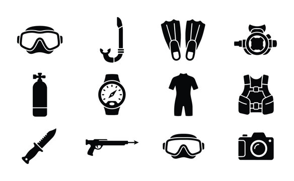 Scuba Diving Gear Icons Set: Mask, Snorkel, Fins, Regulator, Tank, Watch, Wetsuit, BCD, Knife, Speargun, Camera