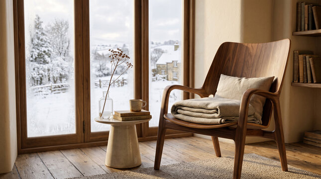 cozy winter reading corner with wooden armchair and snowy view outside window
