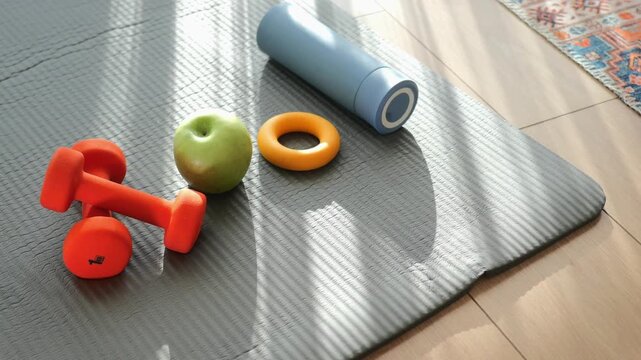 Healthy lifestyle objects on yoga mat with sunlight rays dynamic motion.
