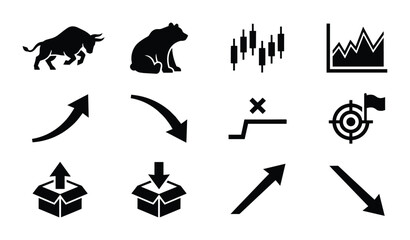 Fototapeta premium Financial Market Icons: Bull, Bear, Candlestick Chart, Growth Graph, Arrows, Target, Box Icons