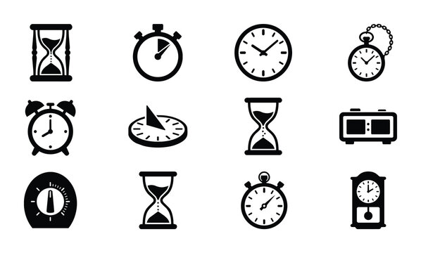 Time Icons Collection: Hourglass, Clock, Stopwatch, Sundial, Alarm, Timer, Vector Set
