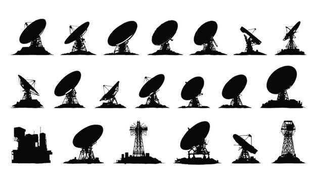 Satellite dishes array presents multiple radar antennas and communication receivers in dark black shapes isolated against a bright white background.